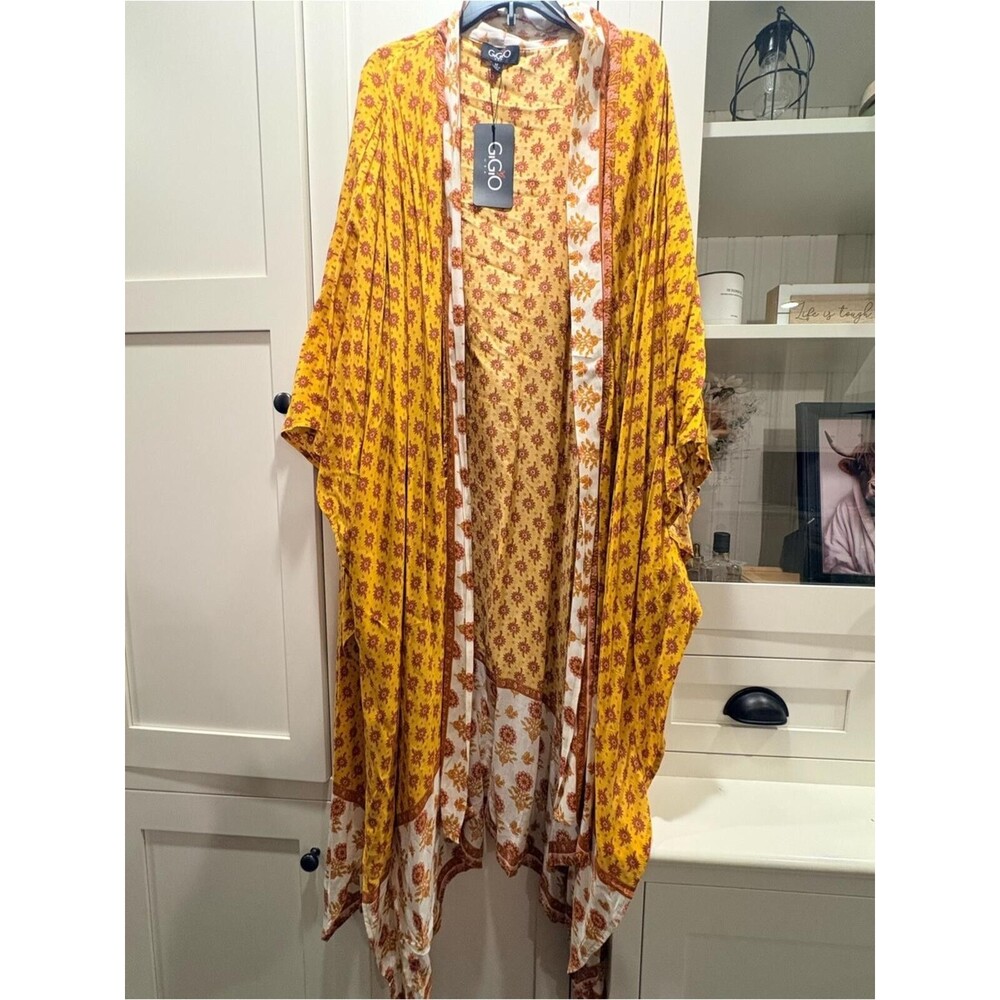 GGO Yellow Floral Open-Front Kimono Shrug